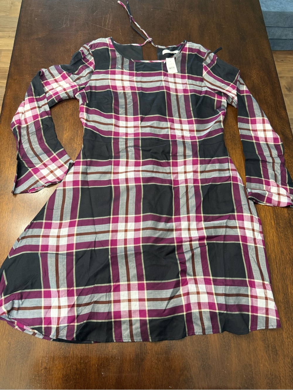 LOFT Women’s Pink and Black Plaid Long-Sleeve Dress